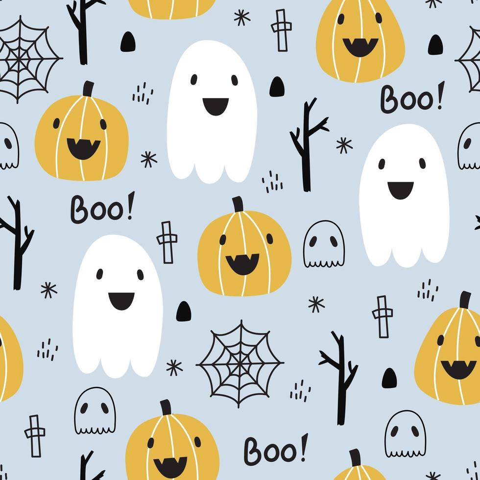 Seamless pattern design for Halloween. Halloween symbol background with ghost, pumpkin, spider. Cartoon style hand-drawn. Design for print, wallpaper, decoration, textile, vector illustration.