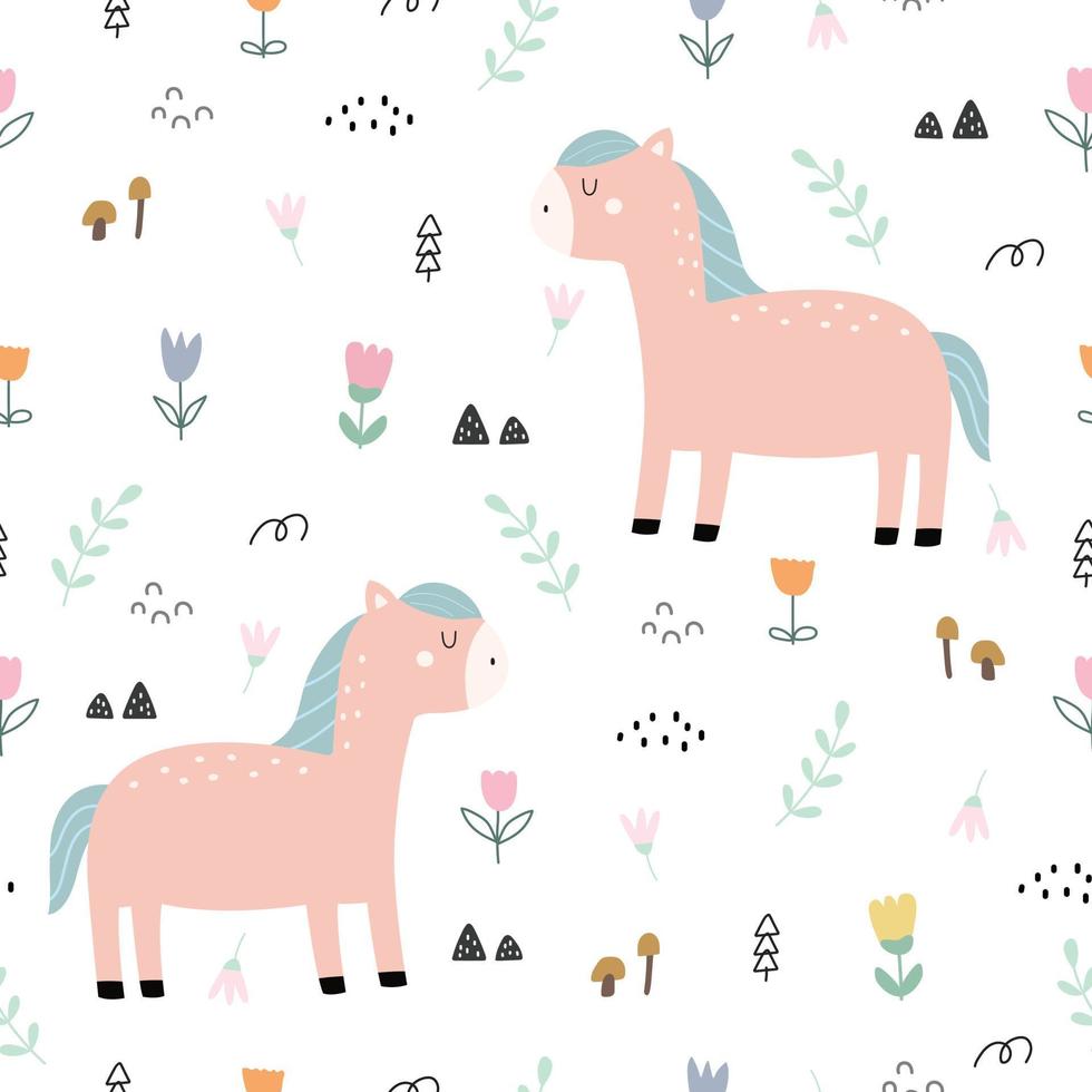 Seamless pattern Horse and flower background Hand drawn design in cartoon style, use for print, fabric pattern, textile, decoration wallpaper Vector illustration