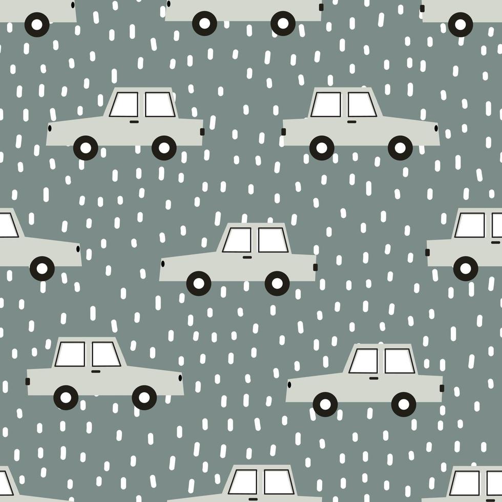 Cartoon transportation background for children seamless pattern with cars with snow Hand drawn design in children's style. Used for printing, wallpaper, decoration, textiles. vector illustration