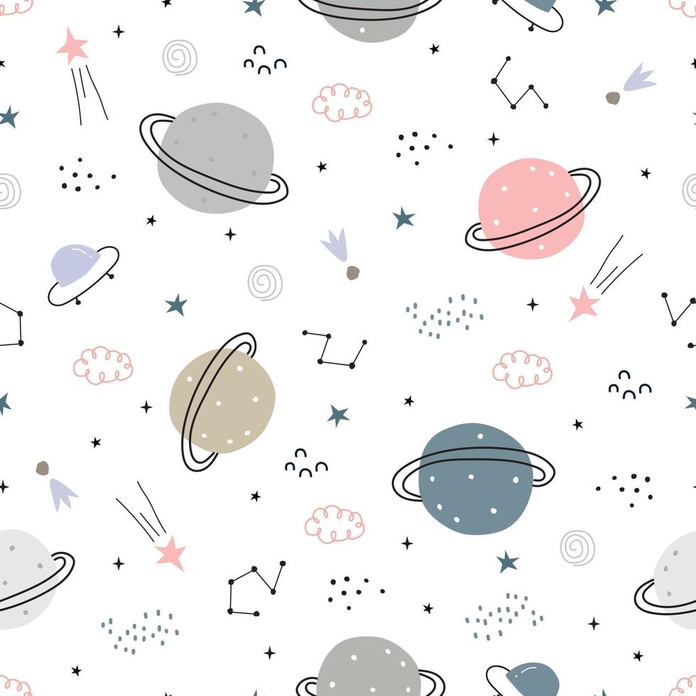 Space background illustration with stars and UFO Seamless vector pattern hand-drawn in cartoon style used for print, wallpaper, decoration, fabric, textile.