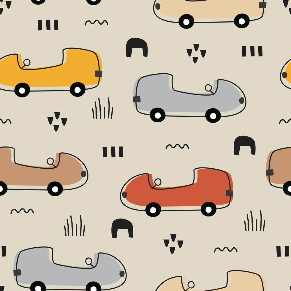 Fondo de transporte de dibujos animados para niños vector de patrones sin fisuras con diseño dibujado a mano de estilo infantil de coche de juguete utilizado para impresión, papel tapiz, ropa, textiles.