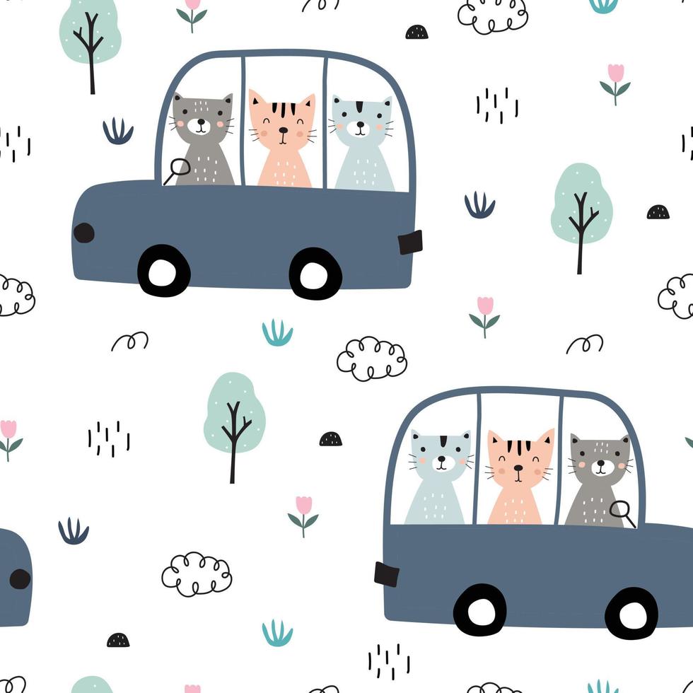 Fondo de coches con conducción de dibujos animados gato de patrones sin fisuras dibujados a mano diseños en estilo infantil utilizados para impresión, papel tapiz, papel de regalo, motivos de ropa, textiles. ilustración vectorial vector