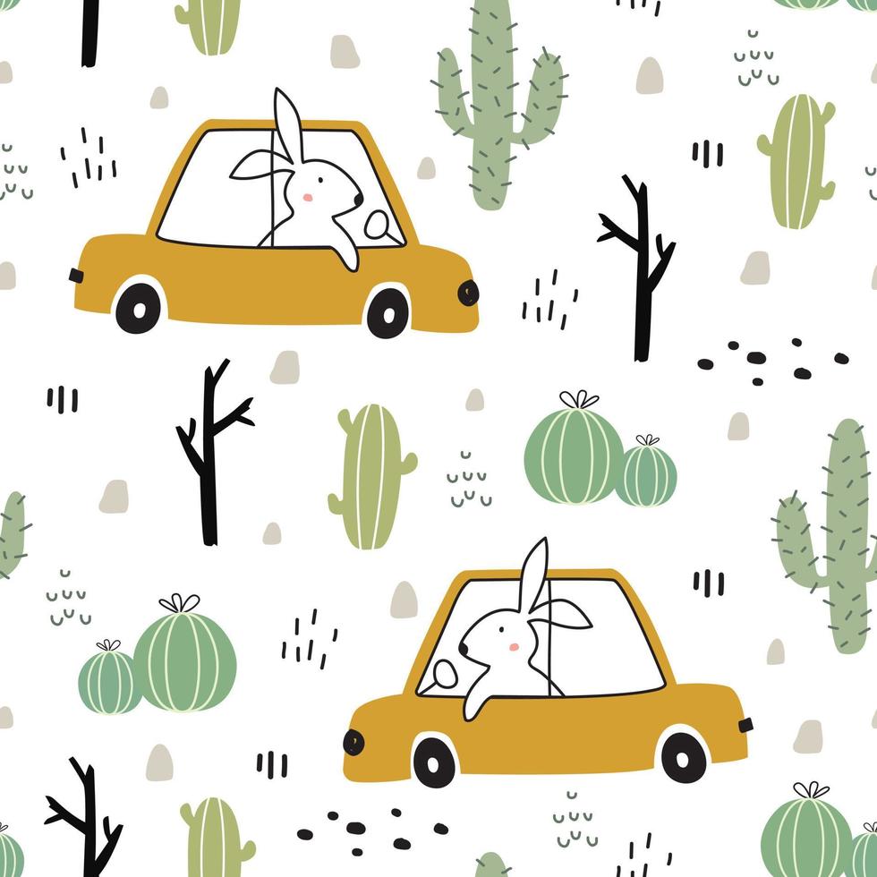 Fondo de transporte de dibujos animados para niños vector de patrones sin fisuras con coches con cactus diseño dibujado a mano de estilo de dibujos animados utilizado para impresiones, papel tapiz, prendas de vestir, textiles.