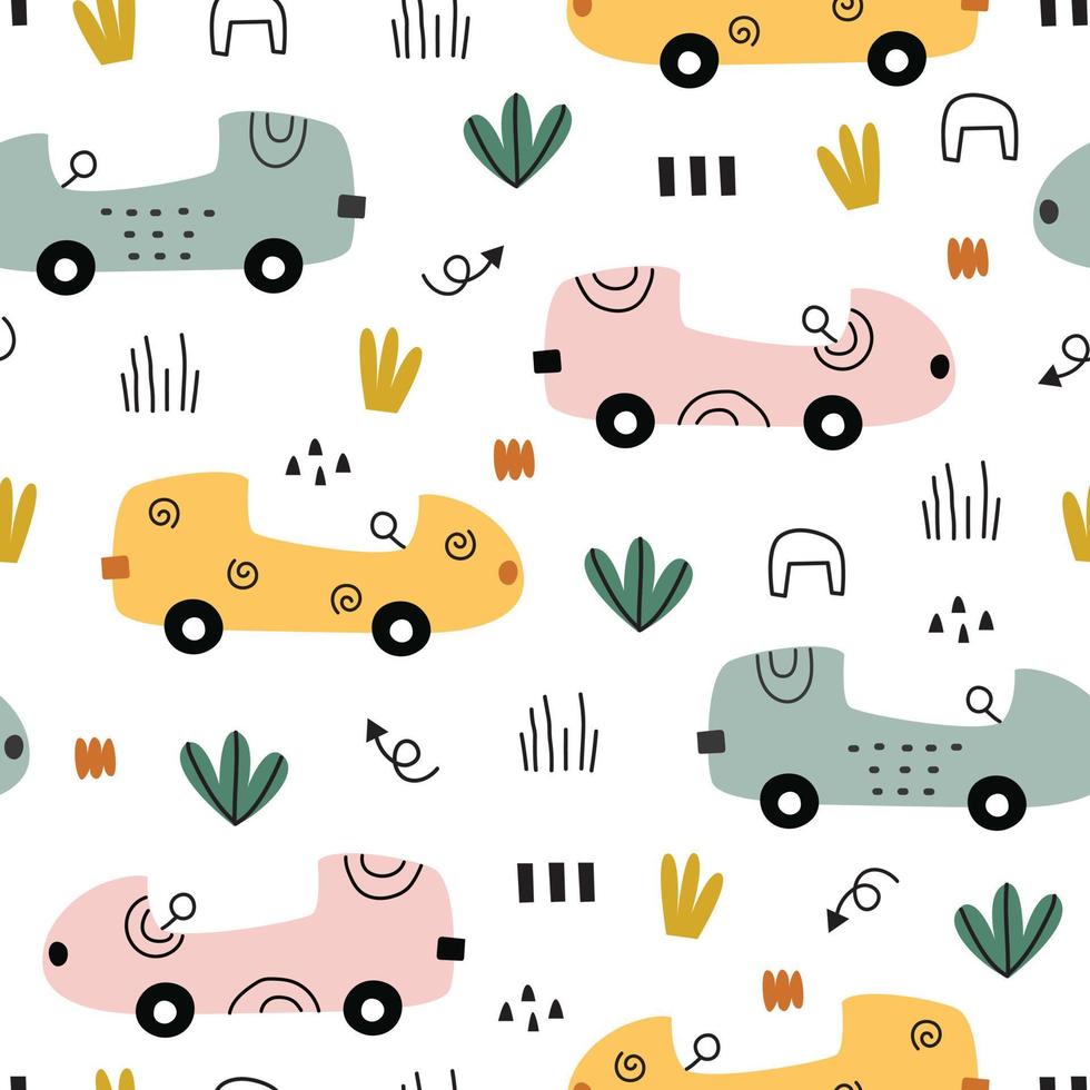 Seamless vector pattern transportation cartoon background for kids with car and grass Designs used for textiles, fabrics, prints, wallpaper, decoration. vector illustration