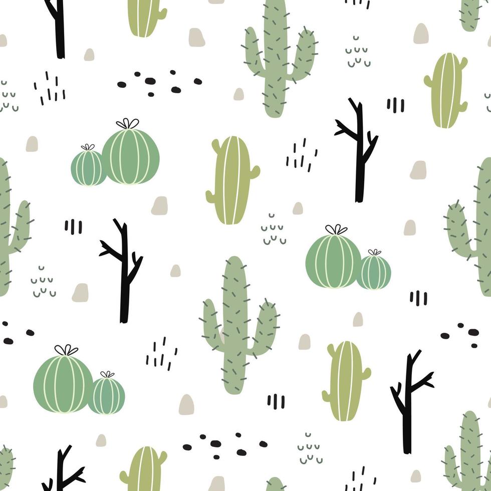 cactus garden seamless pattern on a white background Hand-drawn design in cartoon style. used for printing, wallpaper, decoration, textiles, vector illustrations.