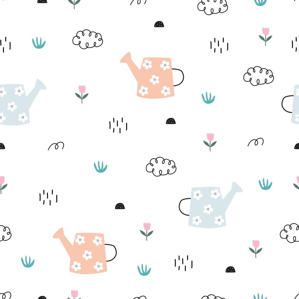Seamless pattern Watering can with flowers decorative elements on nature background Vector colorful summer hand-drawn design flat style used for print, wallpaper, fabric, textile, wrapping paper