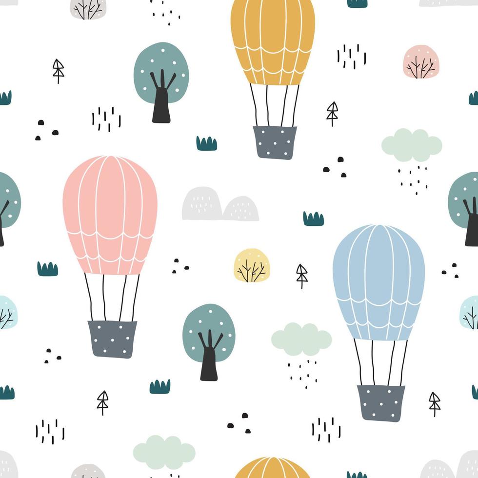 Dibujos animados de fondo de patrones sin fisuras un globo flotando en el cielo con árboles y césped Diseño dibujado a mano en estilo infantil, uso para impresión, papel tapiz, decoración, textiles, ropa de bebé. vector