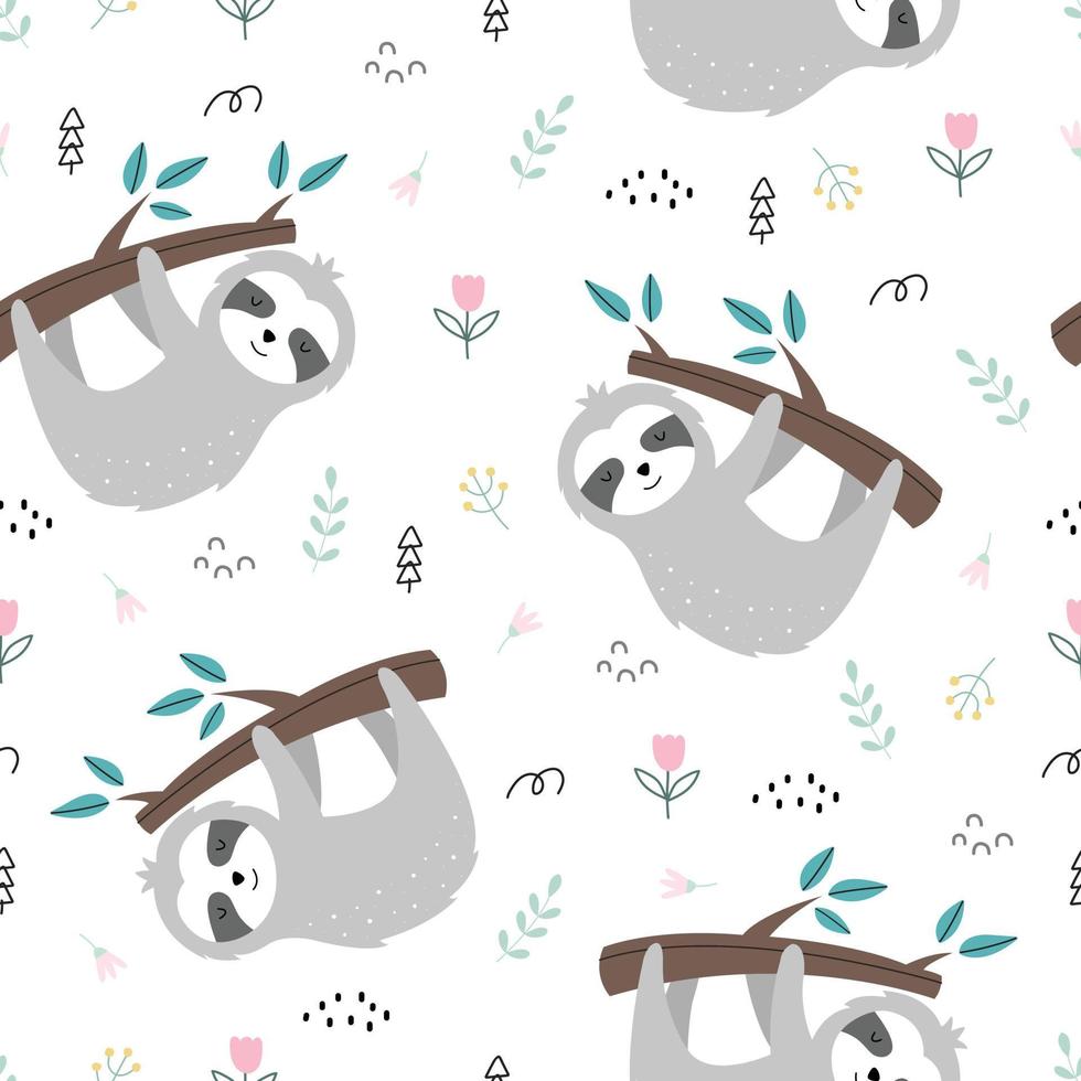 Seamless pattern Sloth cartoon character perched on a branch with flowers. Cute animal background hand-drawn in kid-style used for print, wallpaper, fabric, textile. Vector illustration