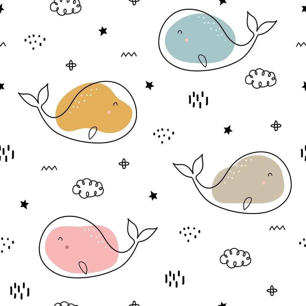 Whale seamless pattern background sea creatures Hand drawn design in cartoon style, use for textiles, clothing patterns. Print, wallpaper Vector illustration