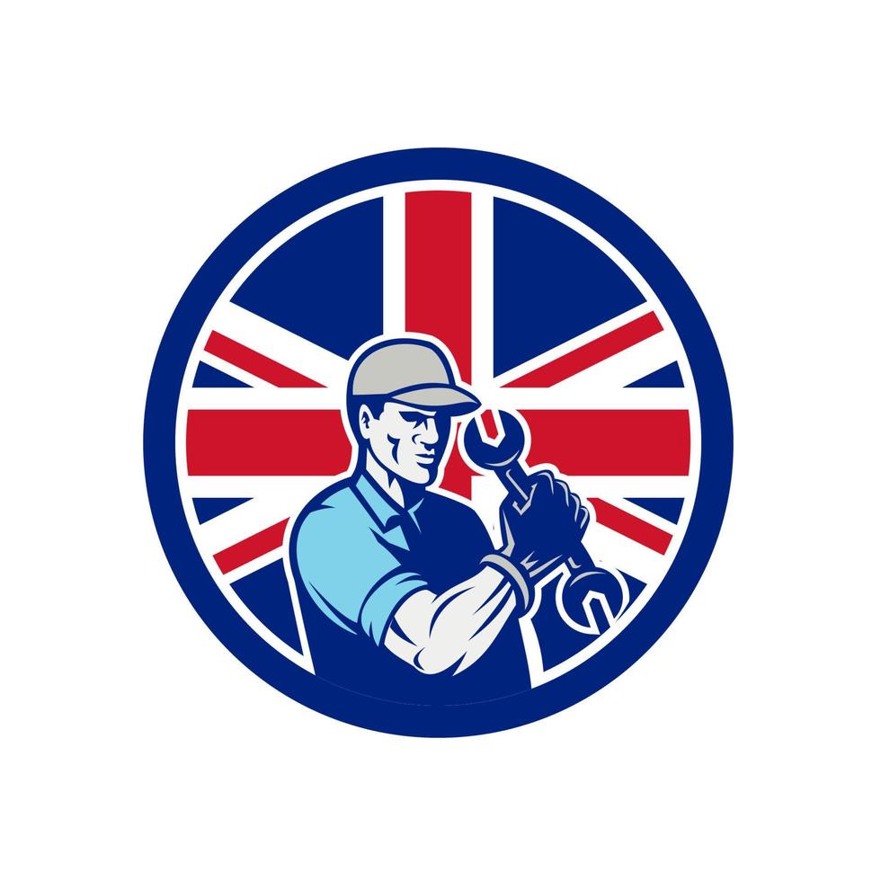British mechanic holding spanner icon vector