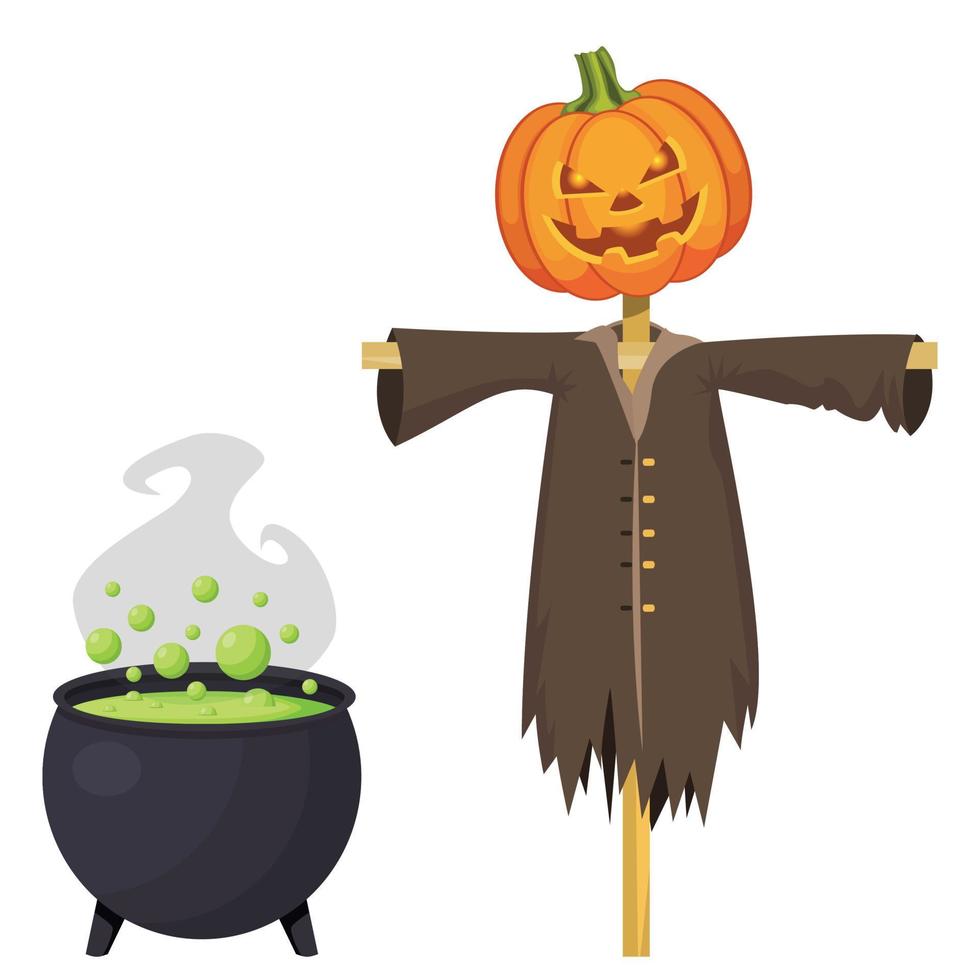 Halloween cauldron and scarecrow illustration vector