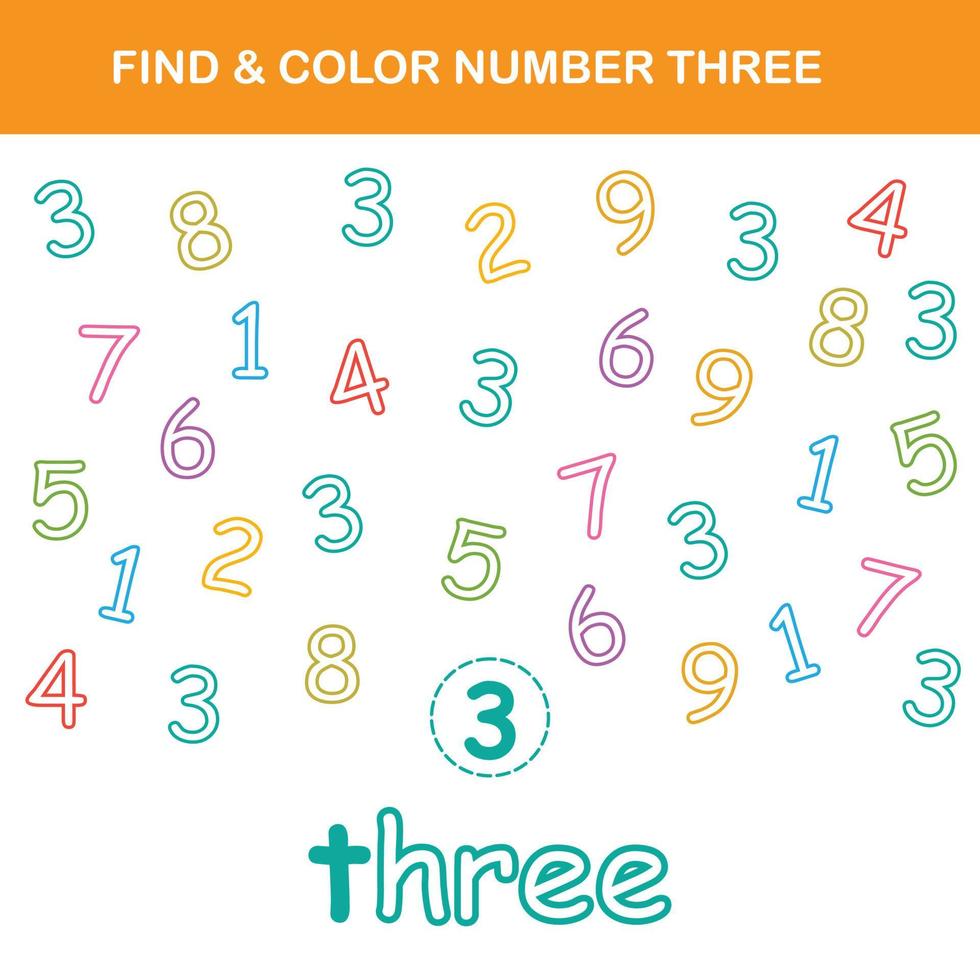 Find and color number printable Pre-K worksheet vector