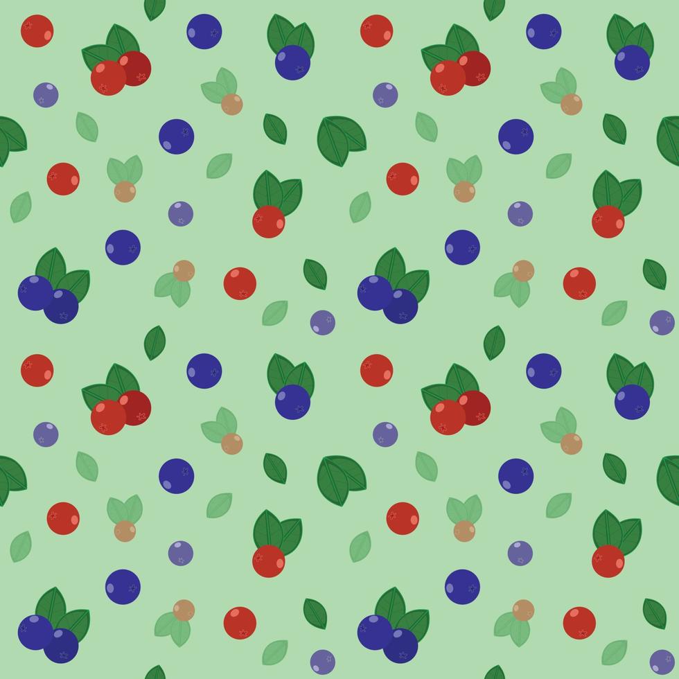 Seamless vector pattern with red and blue berries with leaves on pastel green background.