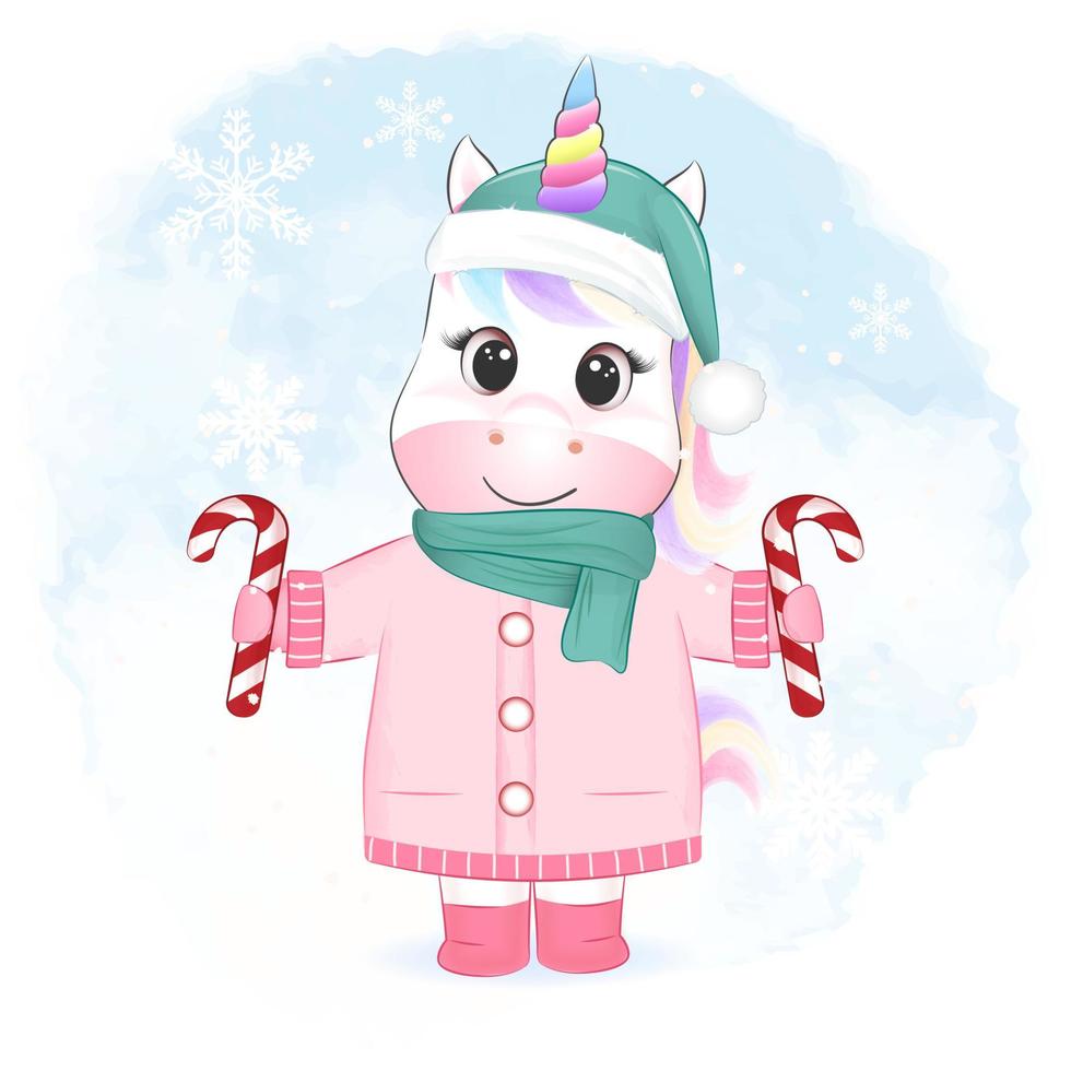 lindo unicornio con bastón de caramelo. ilustración de la temporada de navidad vector