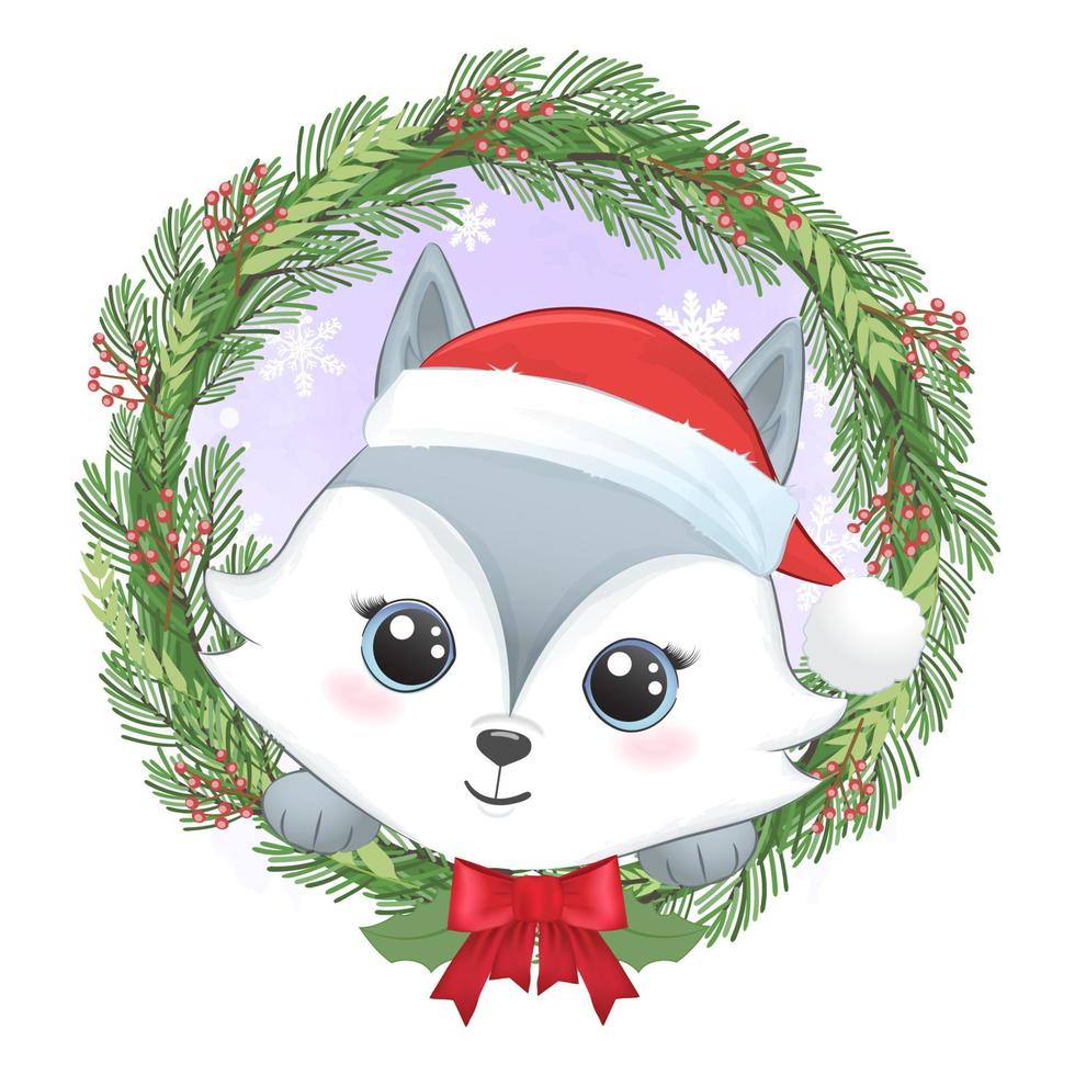 Cute little fox and wreath christmas, Christmas season illustration. vector