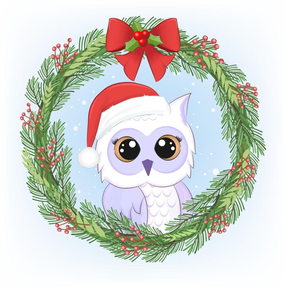 Cute owl and Christmas wreath Christmas and New Year illustration vector