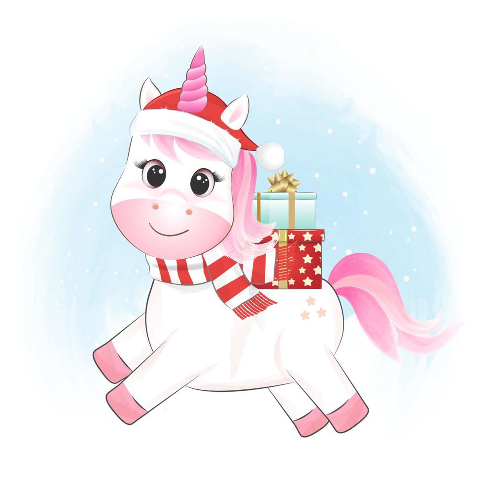 Cute little unicorn and gift box. Christmas season illustration vector