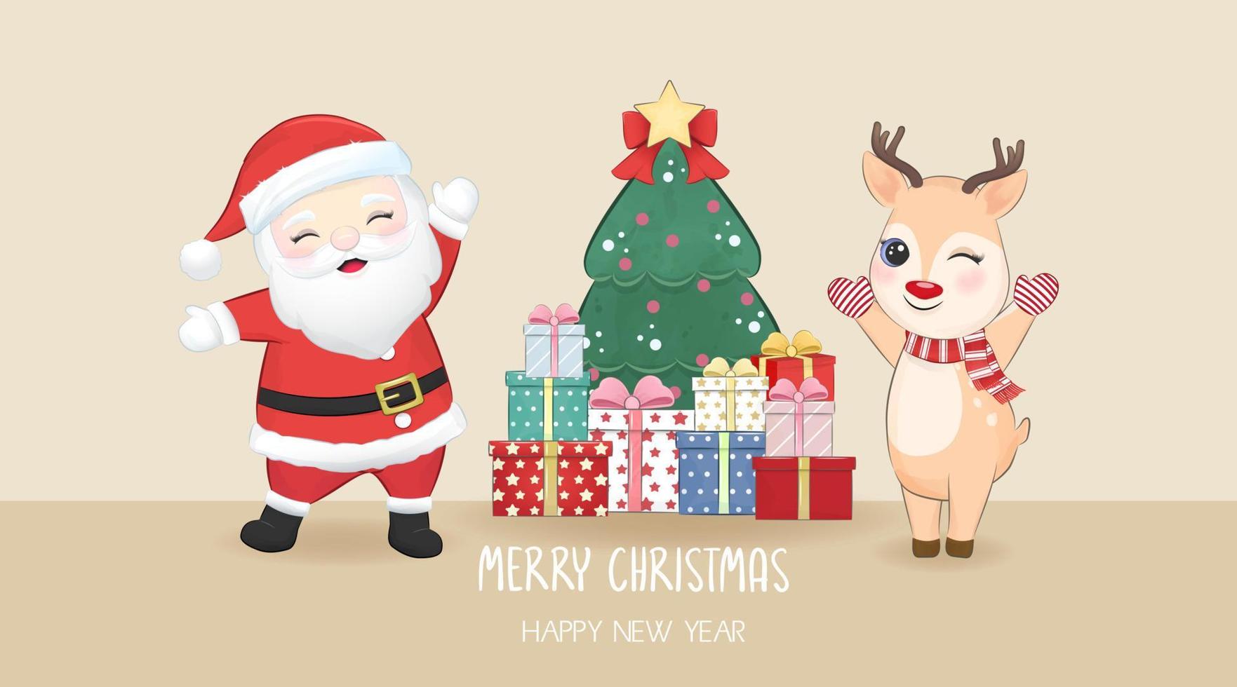 lindo santa y ciervo con caja de regalo. ilustración de navidad y año nuevo vector