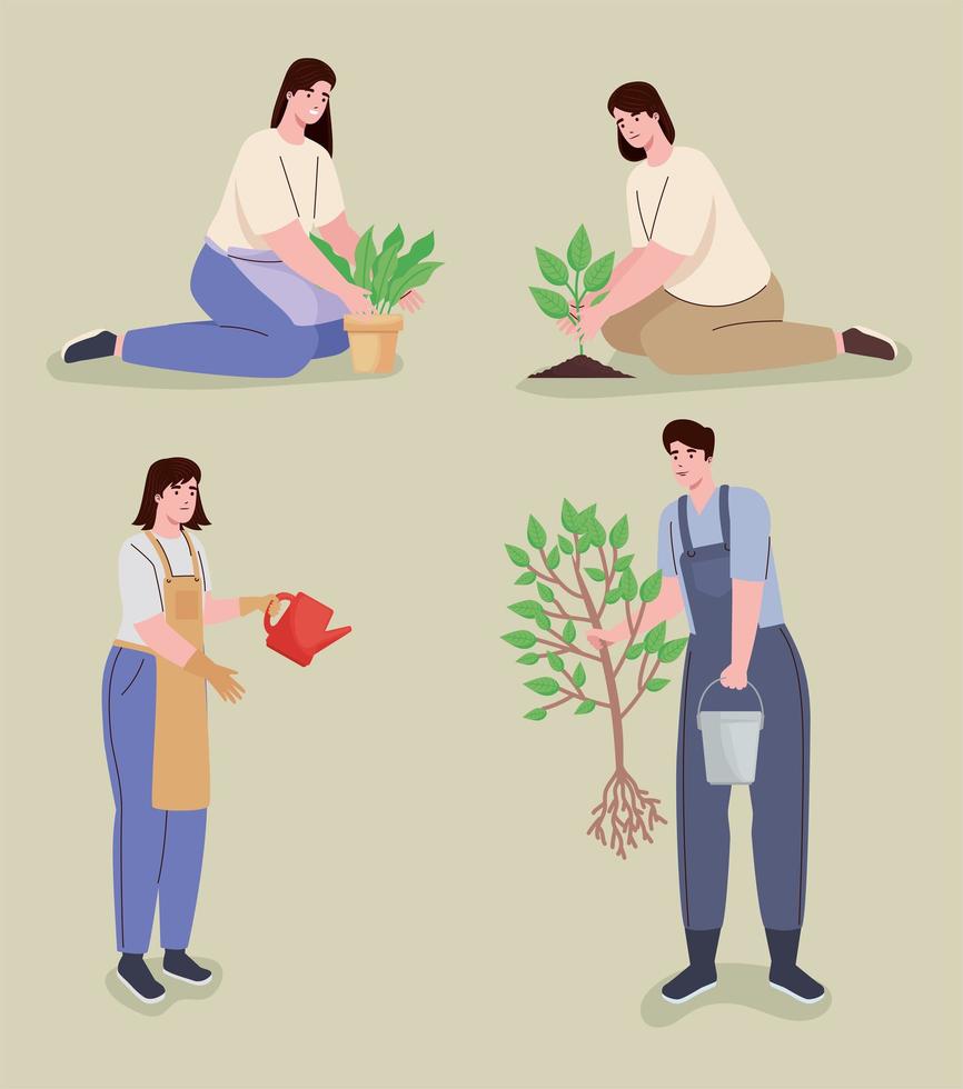 four persons planting characters vector