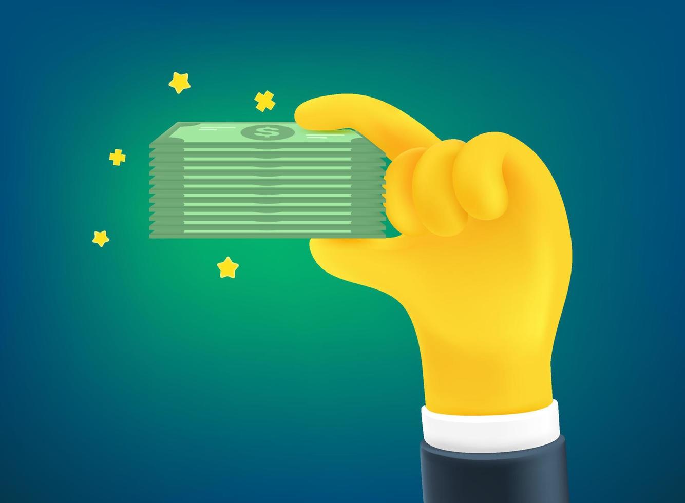 Man holding dollar banknotes in a hand. Cute cartoon 3d style vector illustration
