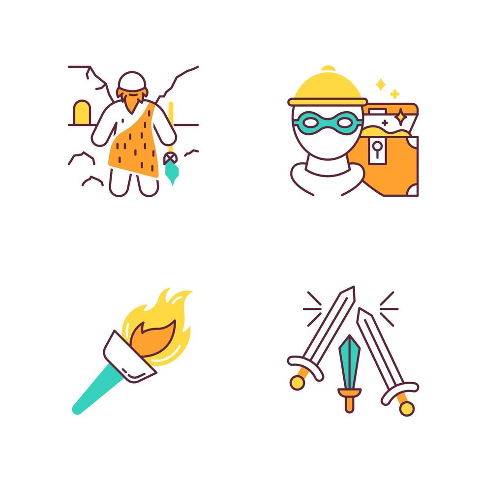 Archeology color icons set. Prehistoric man. Sword fight. Weapons clash in battle. Isolated vector illustrations