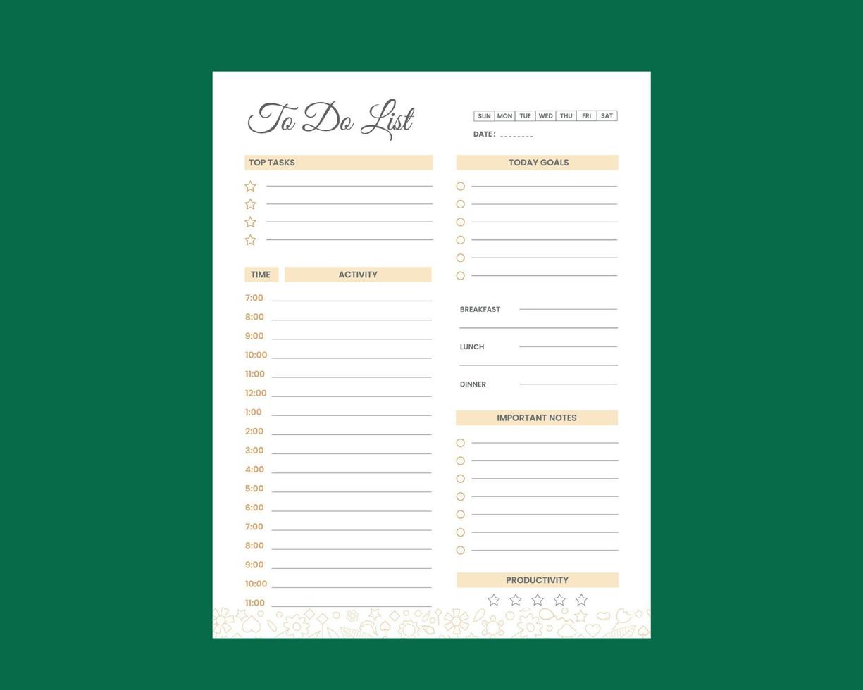 Daily Planner page printable activity interior journal design template vector