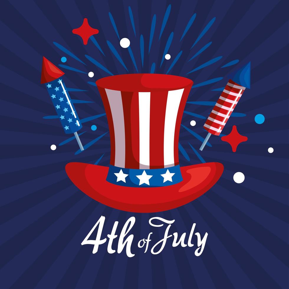 4th of july with hat and fireworks vector