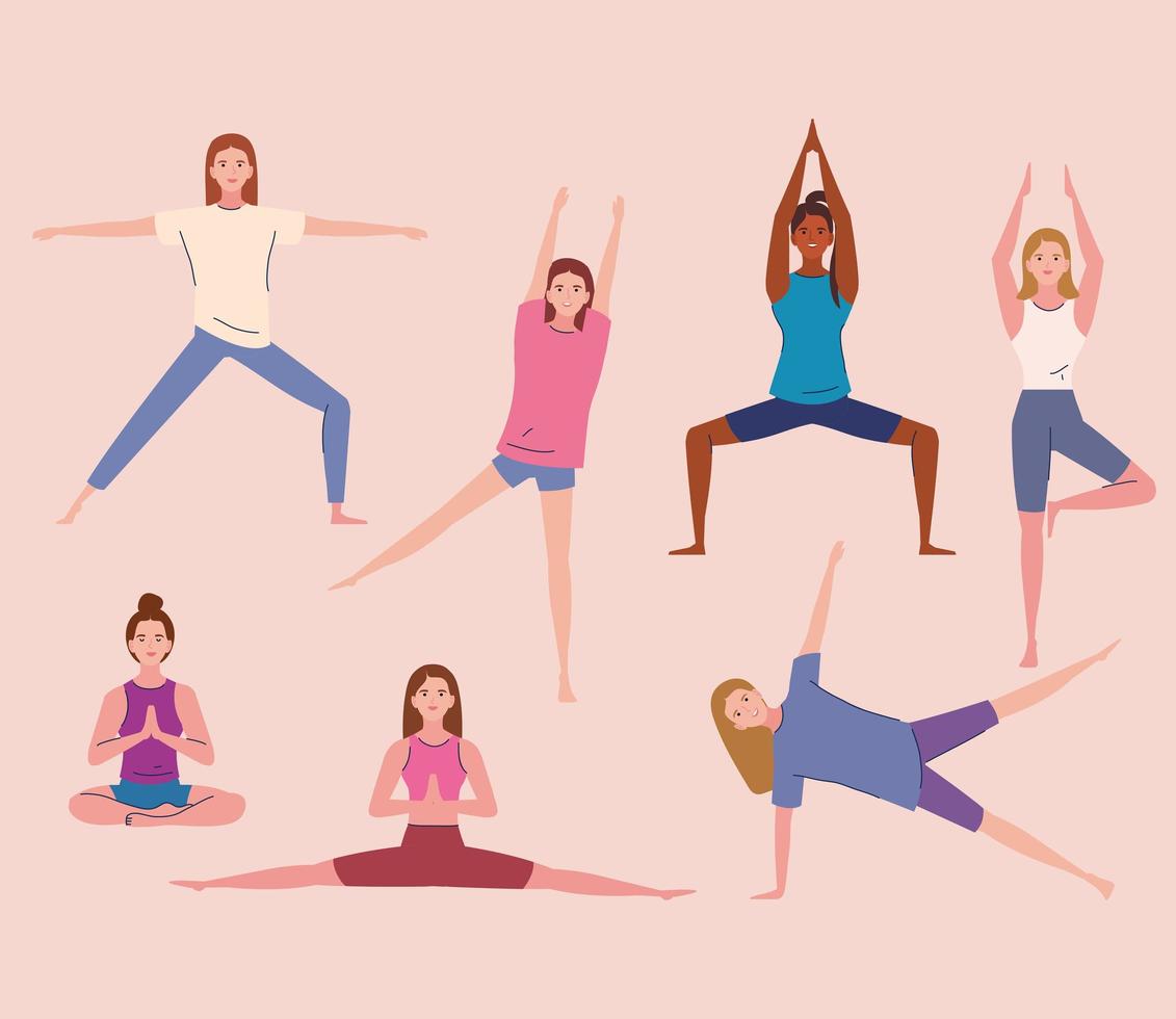 mujeres jovenes practicando yoga vector