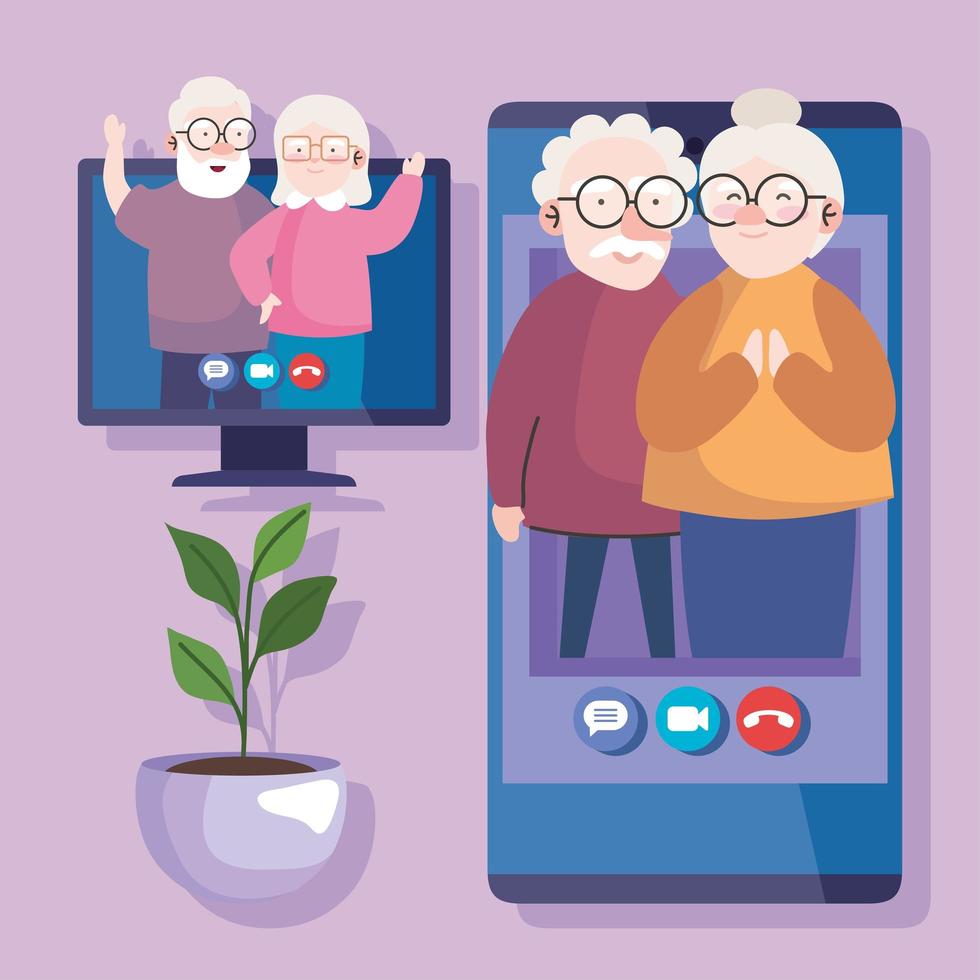 Grandfather and grandmother couple in video call vector