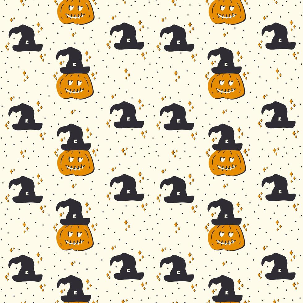 A pattern with a carved scary pumpkin face. Witch hat with pumpkin for Halloween textiles. The substrate is in black and orange autumn color. Vector illustration