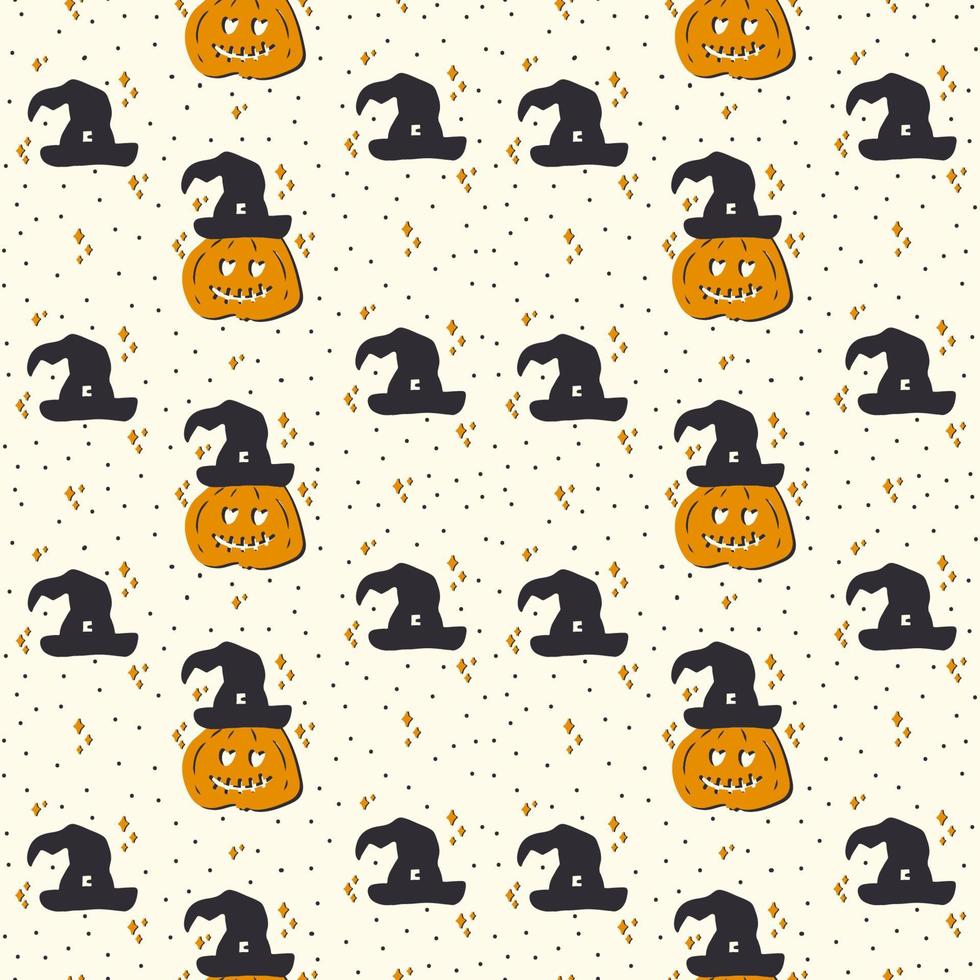 A pattern with a carved scary pumpkin face. Witch hat with pumpkin for Halloween textiles. The substrate is in black and orange autumn color. Vector illustration