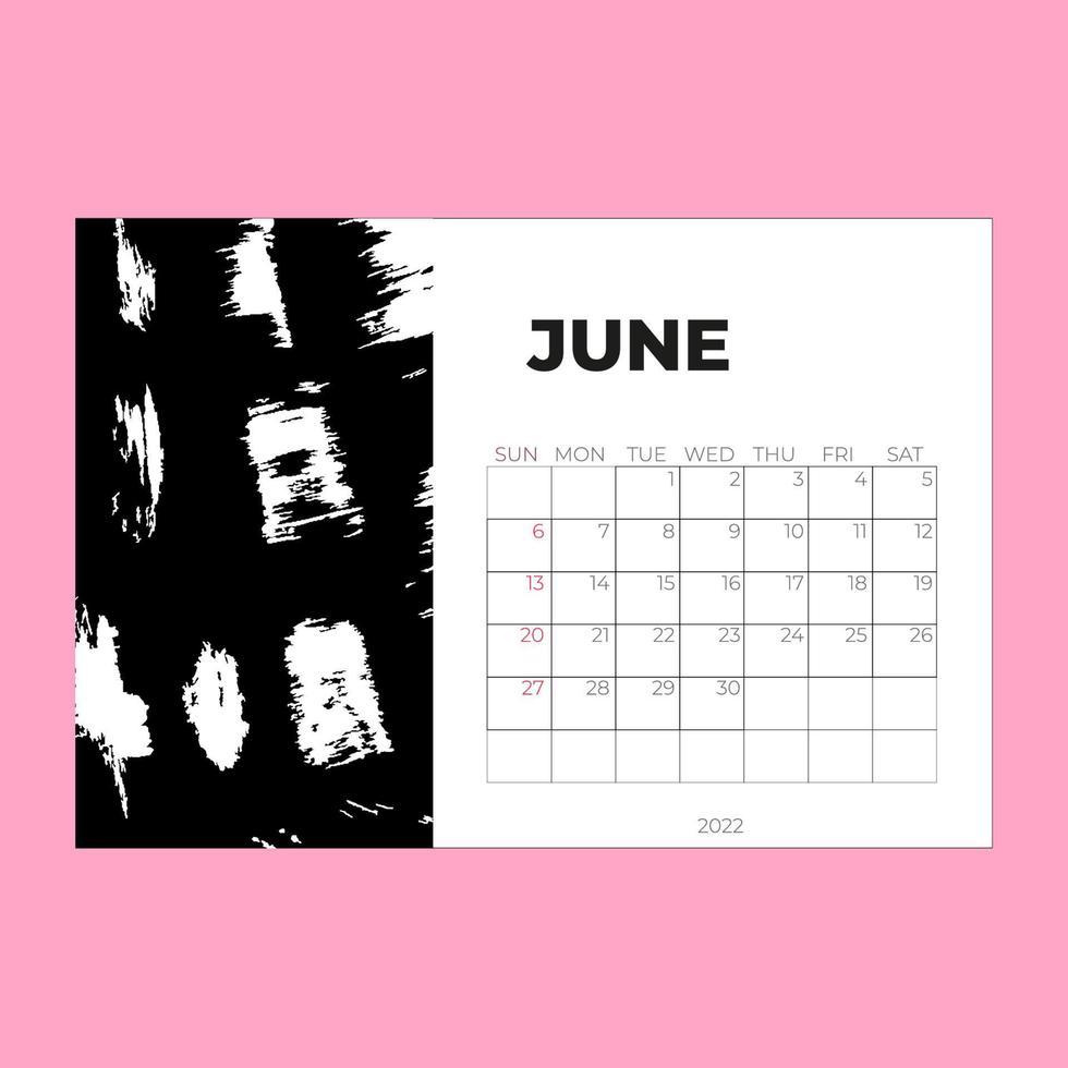 June 2022 page, Calendar 2022 template, Desk calendar, planner design, Wall calendar, week starts on sunday, stationery design, Desk office, organizer office, vector . Vector illustration