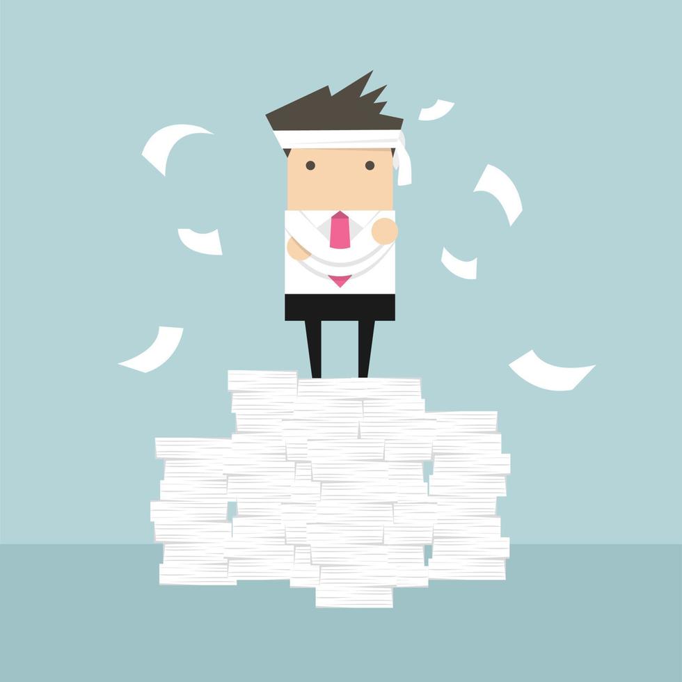 Businessman standing on paperwork. vector