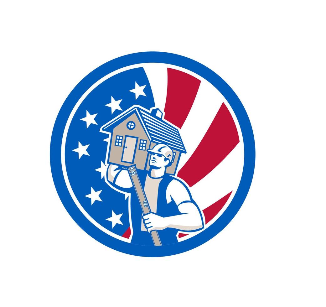 Constructor americano que lleva la casa con el nivel de burbuja y el icono del círculo de la bandera de EE. UU. vector