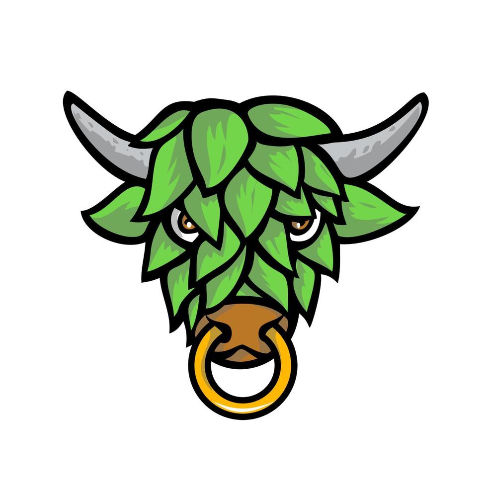 Cabeza de toro de cuernos cortos verde con cara de lúpulo de cerveza vista frontal mascota color retro vector