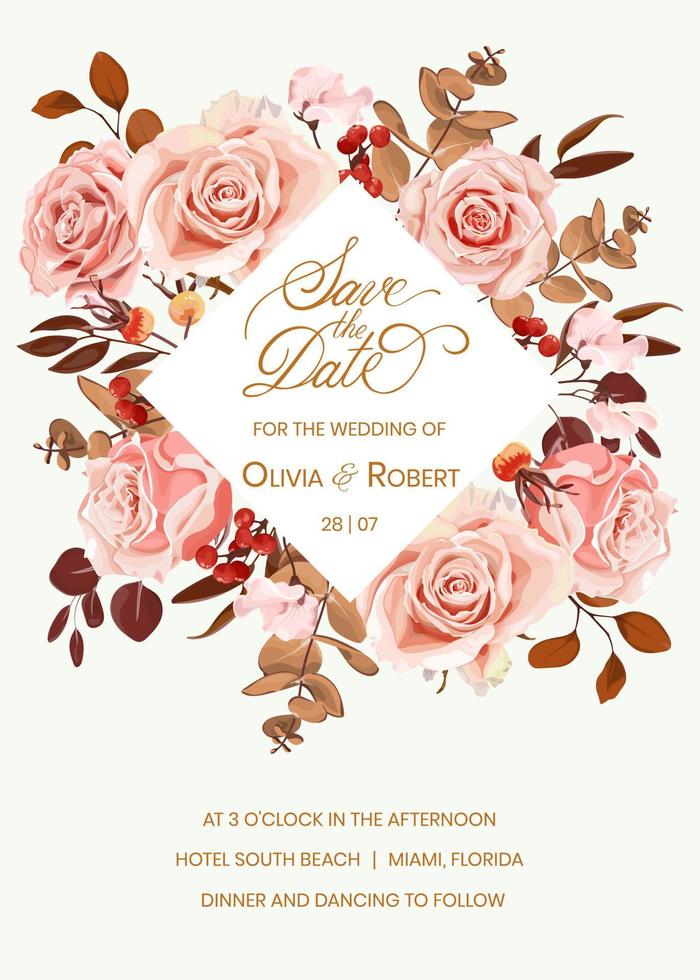 Bohemian wedding invitation. Frame for wedding design with a floral arrangement with pink roses, berries and eucalyptus leaves. Boho style. Stock Vector Illustration.