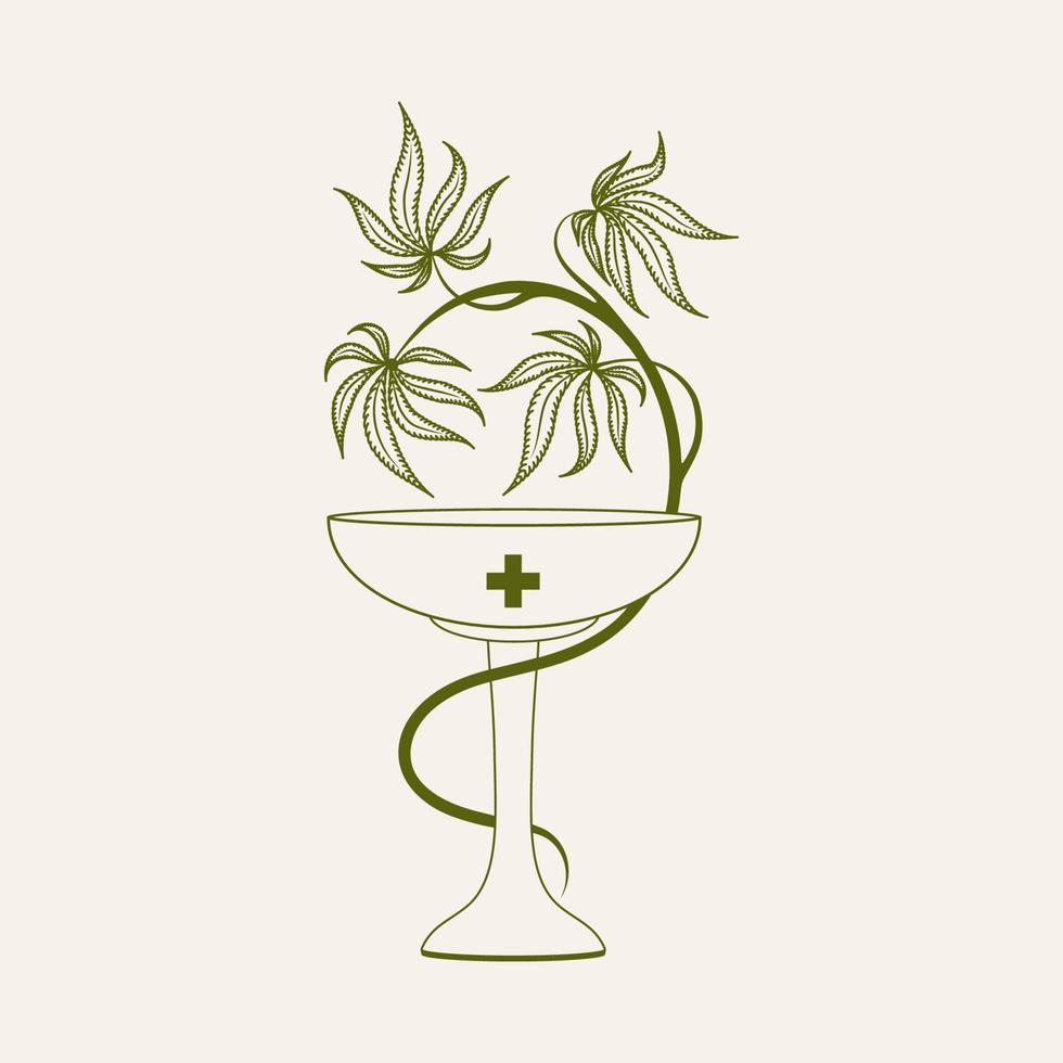 Medical cannabis,hemp. Bowl entwined with cannabis, hemp. Legalization of cannabis. Stock vector illustration.