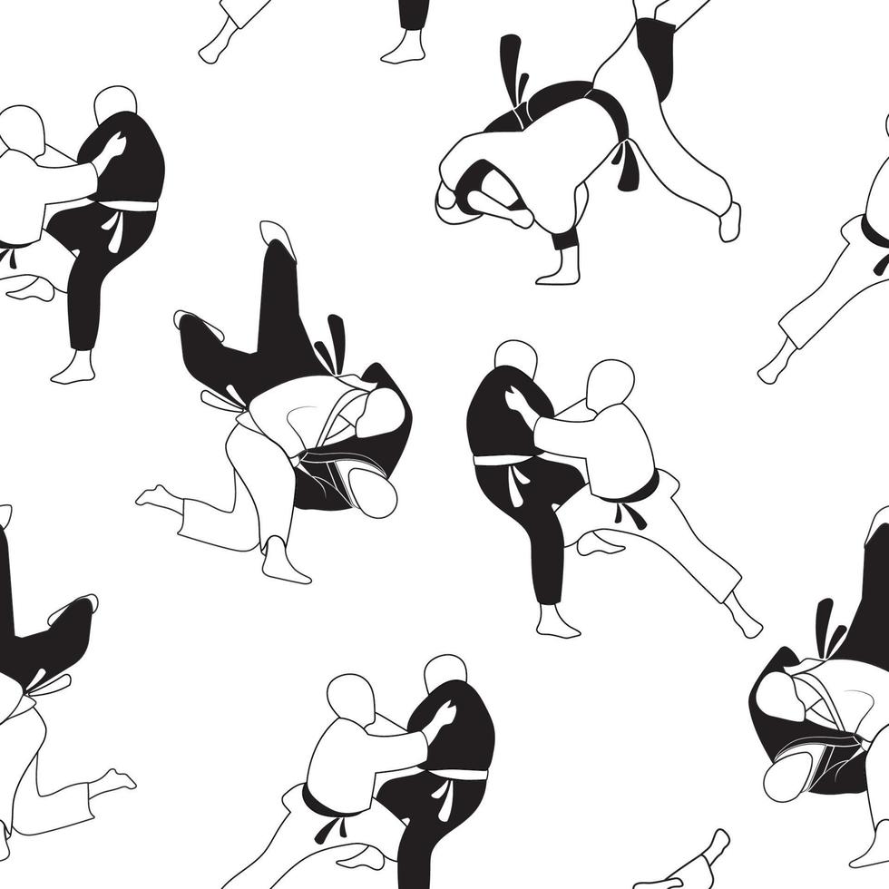 Black and white, seamless pattern with the image of judo techniques. Martial arts exercises. Stock vector illustration on a white background.