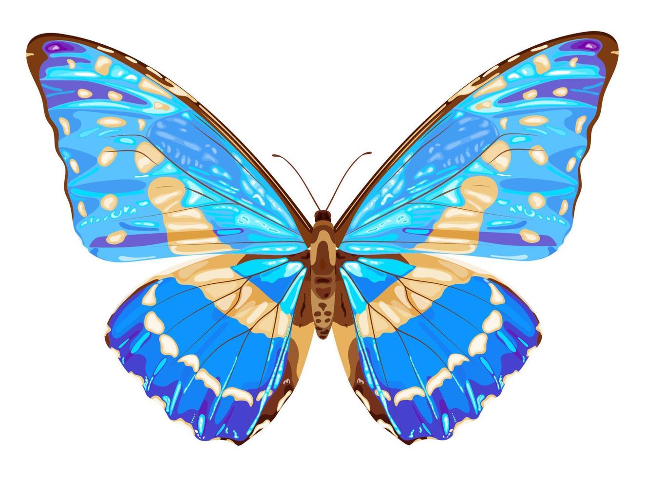 Blue butterfly. Tropical insect. Neon colors. Stock vector illustration isolated on white background.
