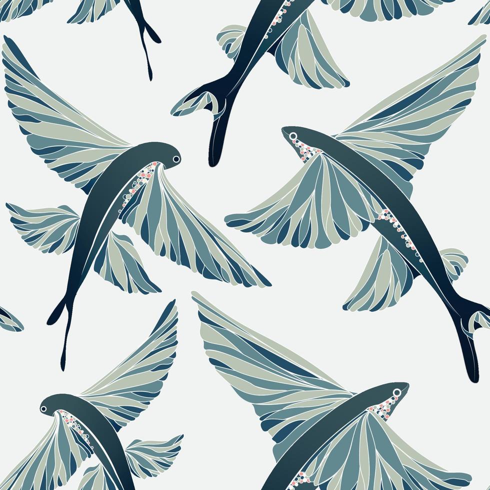 Exocoetidae or flying fish. Seamless pattern. Stock vector illustration.
