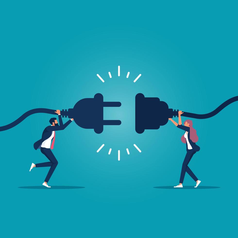 Businessman and businesswoman hold plugs to connect. Cooperation interaction. Collaboration teamwork. Concept for planning, business strategy and connection. vector