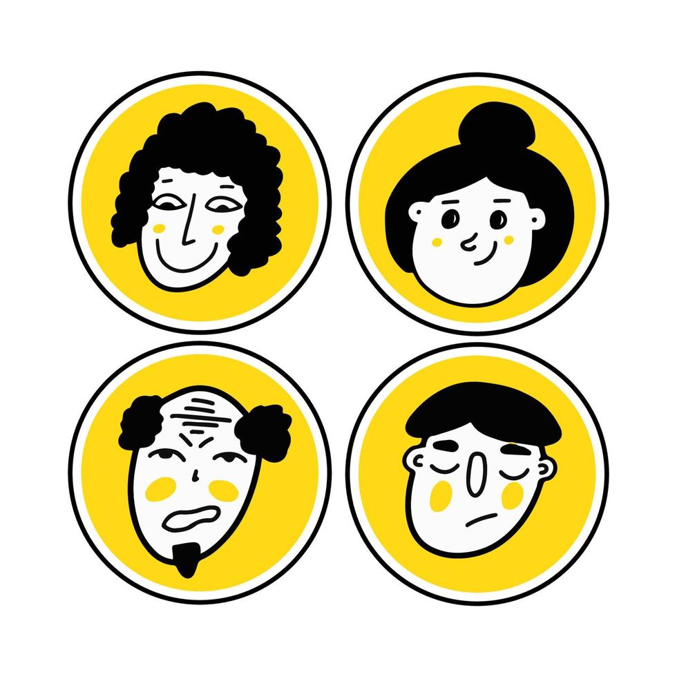 Conjunto de rostros diversos de personas. colección de avatares humanos. vejez y juventud. retrato con una expresión facial positiva. hombres y mujeres y niñas. boceto de doodle dibujado a mano. vector