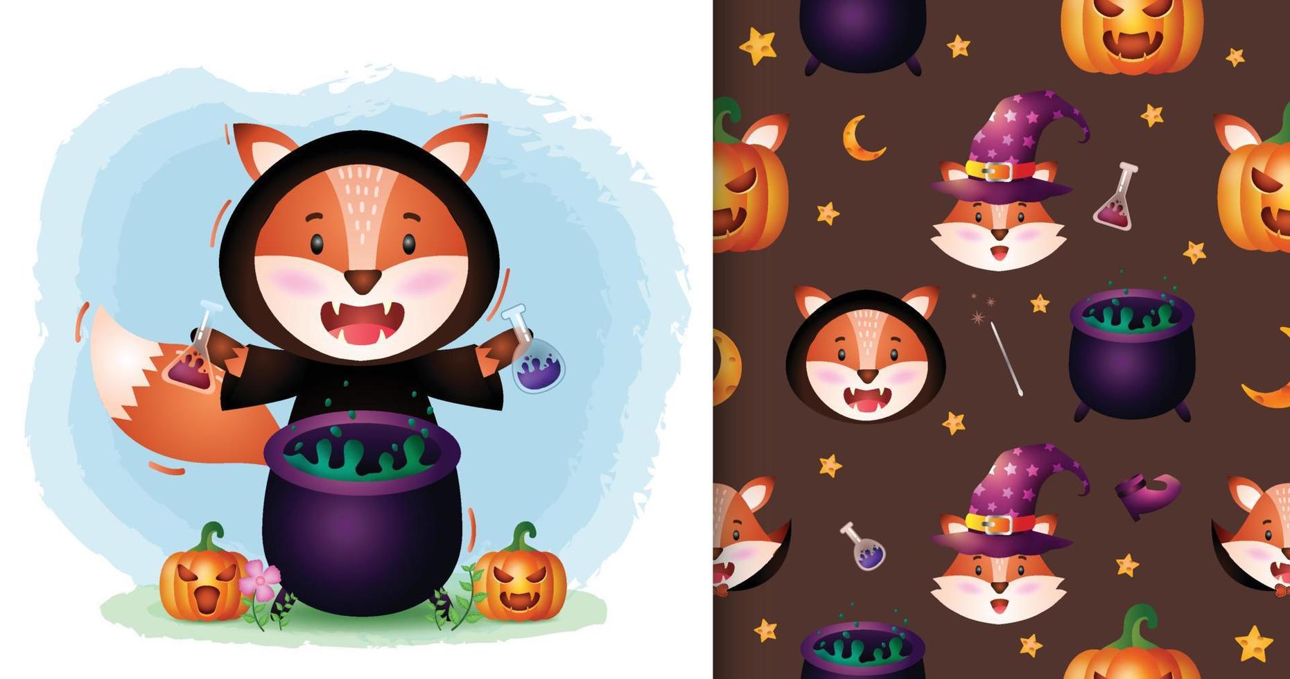 a cute fox with witch costume halloween character collection. seamless pattern and illustration designs vector