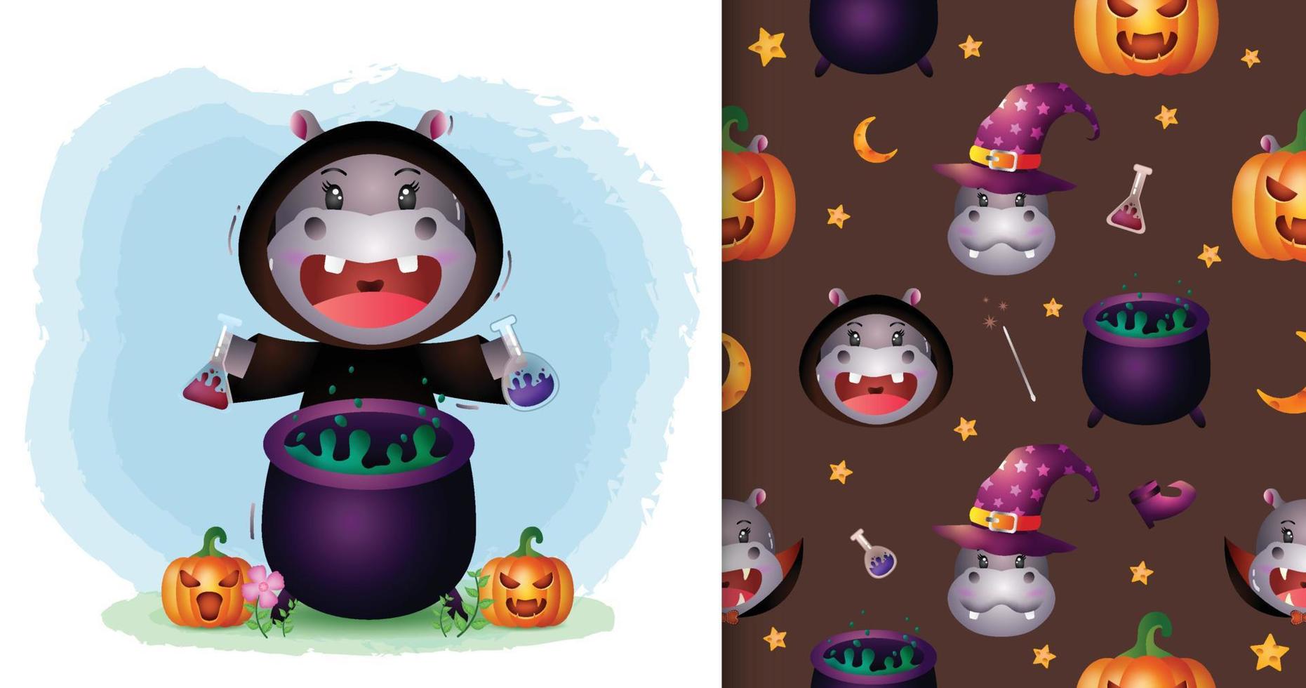 un lindo hipopótamo con disfraz de bruja colección de personajes de halloween. diseños de patrones e ilustraciones sin costuras vector