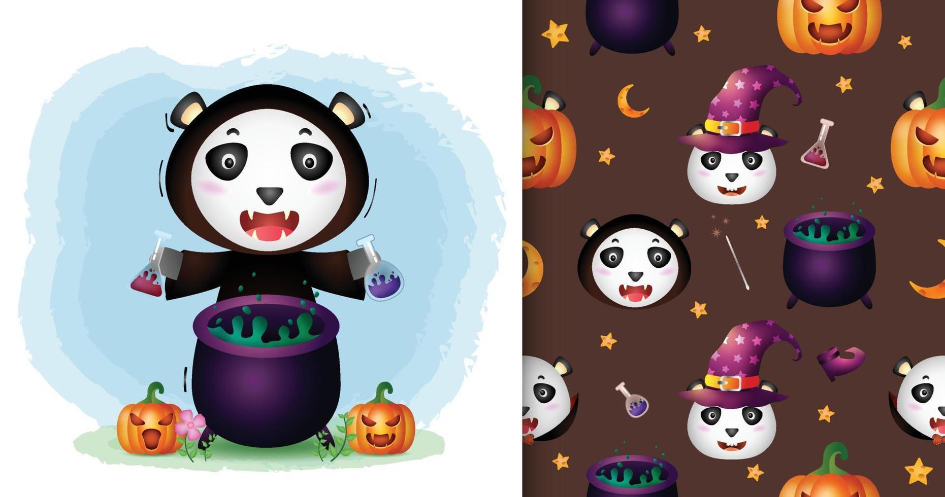 un lindo panda con disfraz de bruja colección de personajes de halloween. diseños de patrones e ilustraciones sin costuras vector