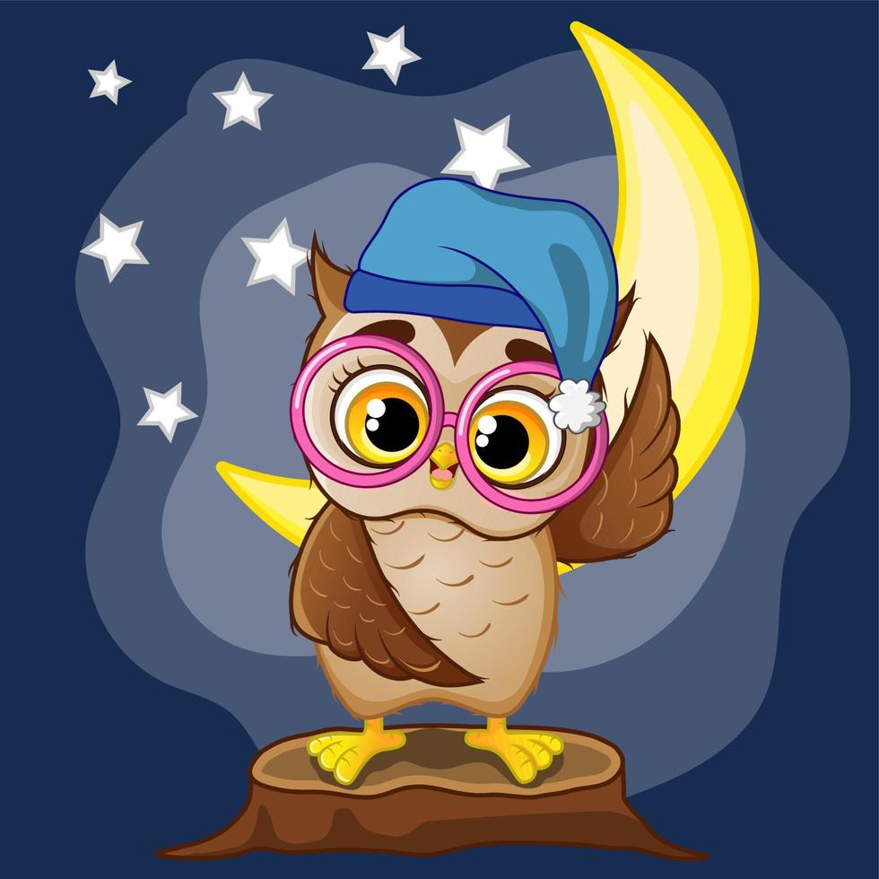 Cute little owl in pink glasses with hat vector
