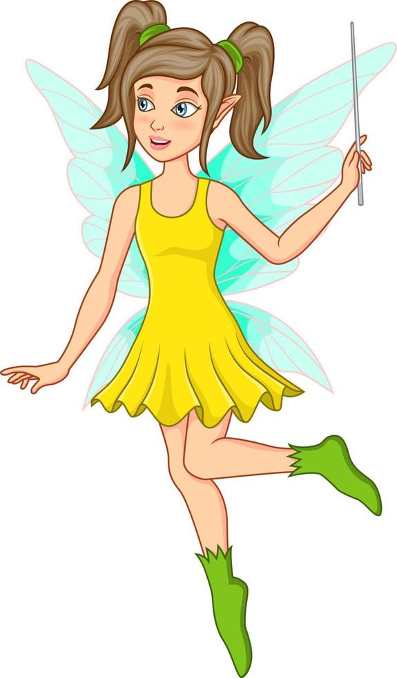 Cartoon little green fairy flying with magic stick vector