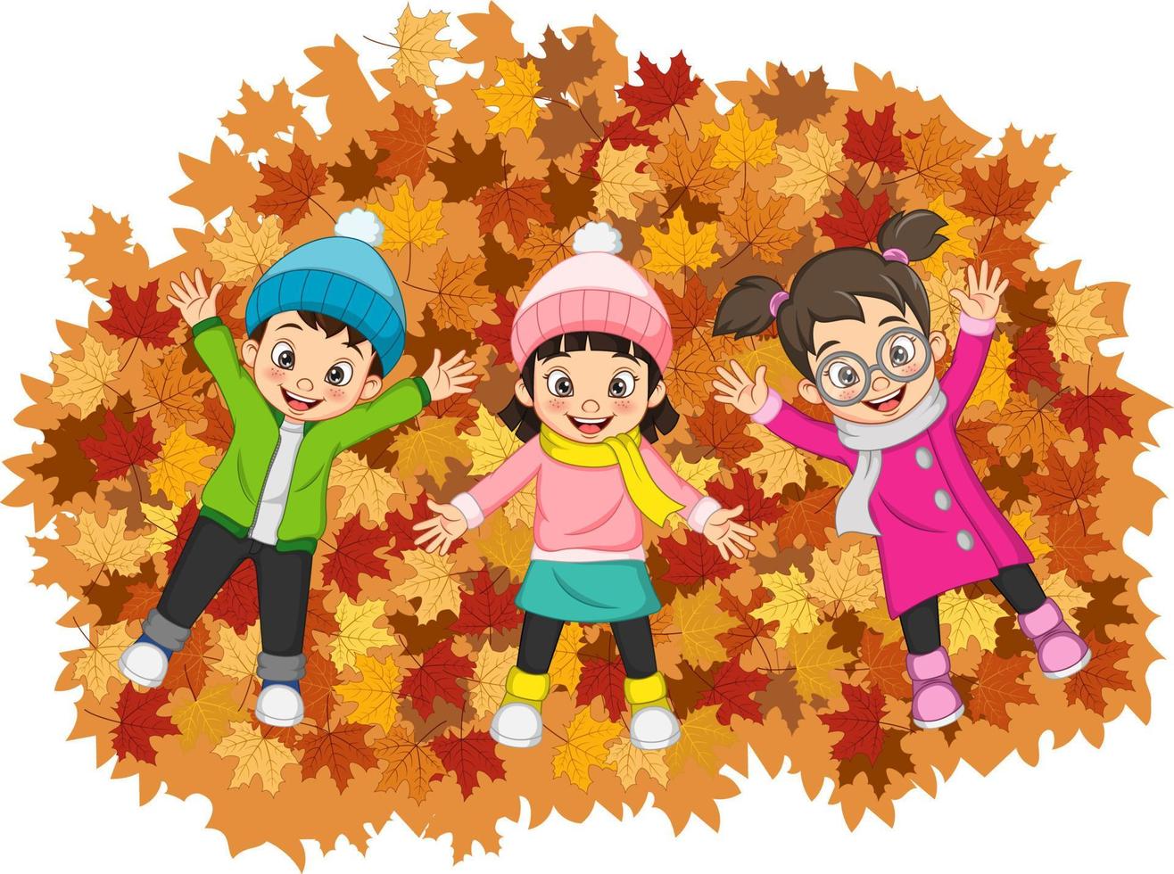 Cartoon Happy kids lying on colorful autumn leaves vector