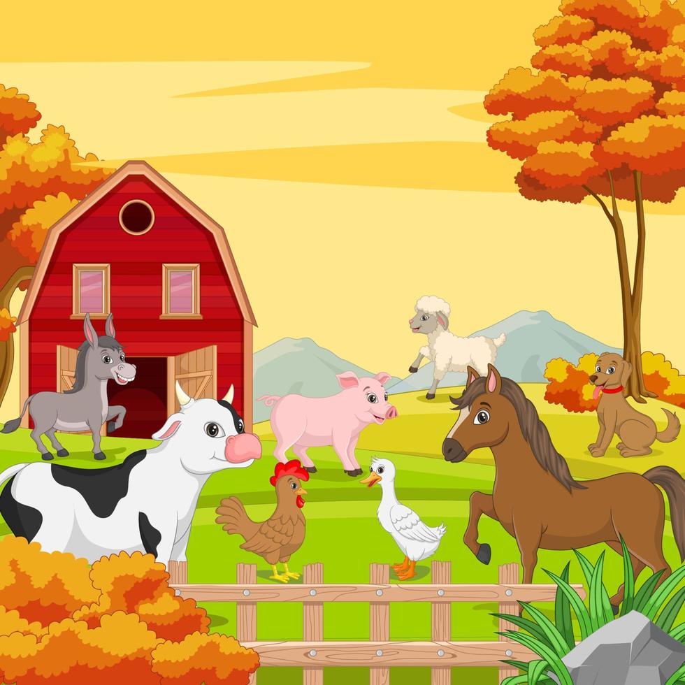 animales de granja sobre un fondo de paisaje de granja. vector