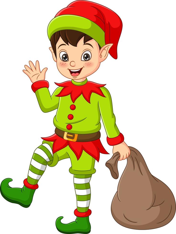 Cartoon happy christmas elf with bag vector